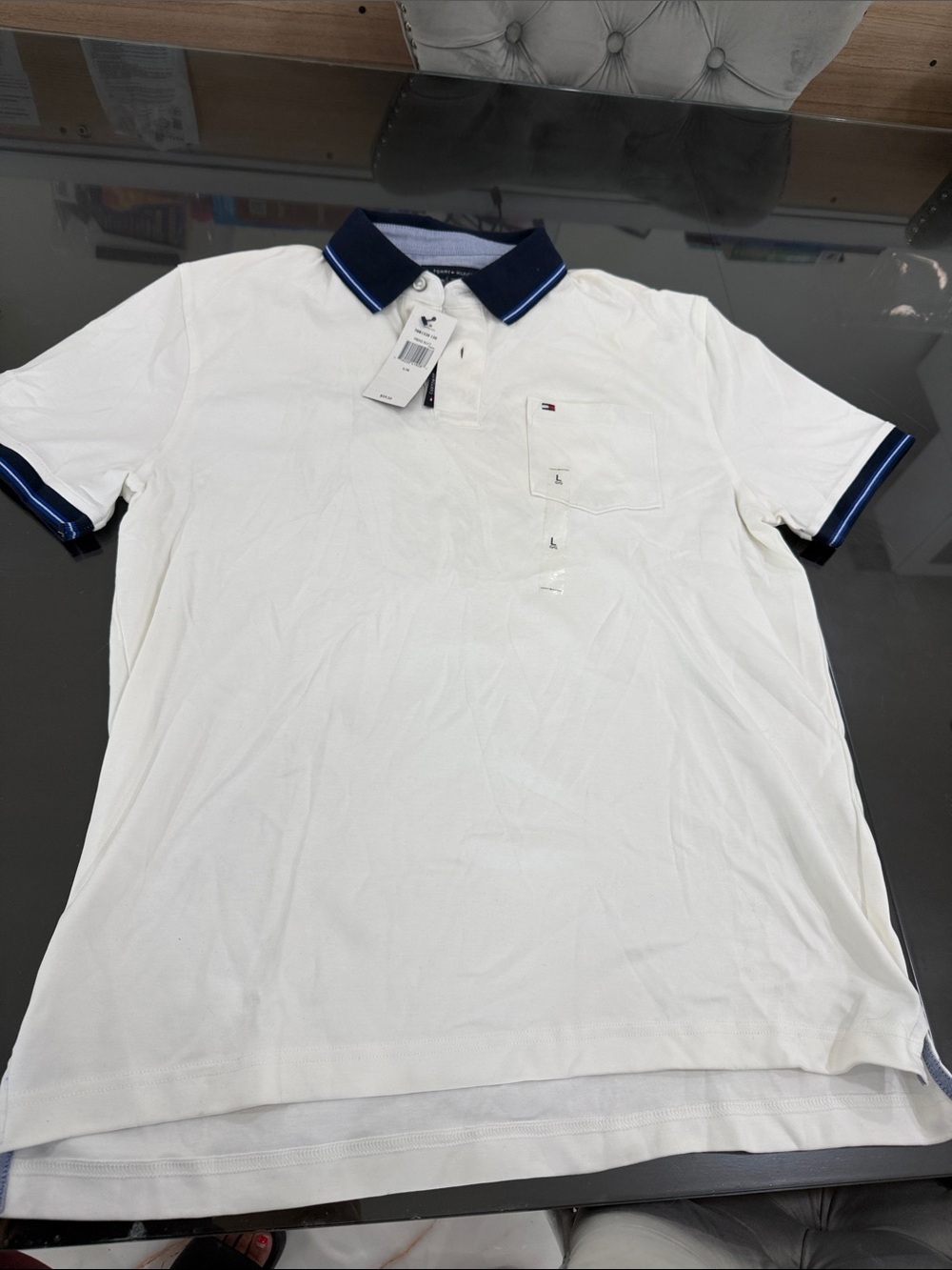 Tommy Hilfiger White Polo with Navy Contrast Collar and Sleeve Piping